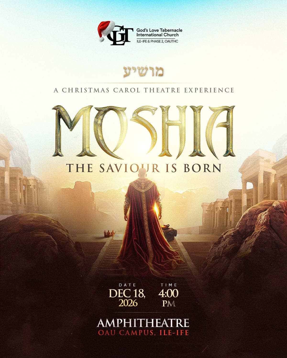 MOSHIA poster: a king in a burgundy robe climbs ancient steps toward a blinding light.