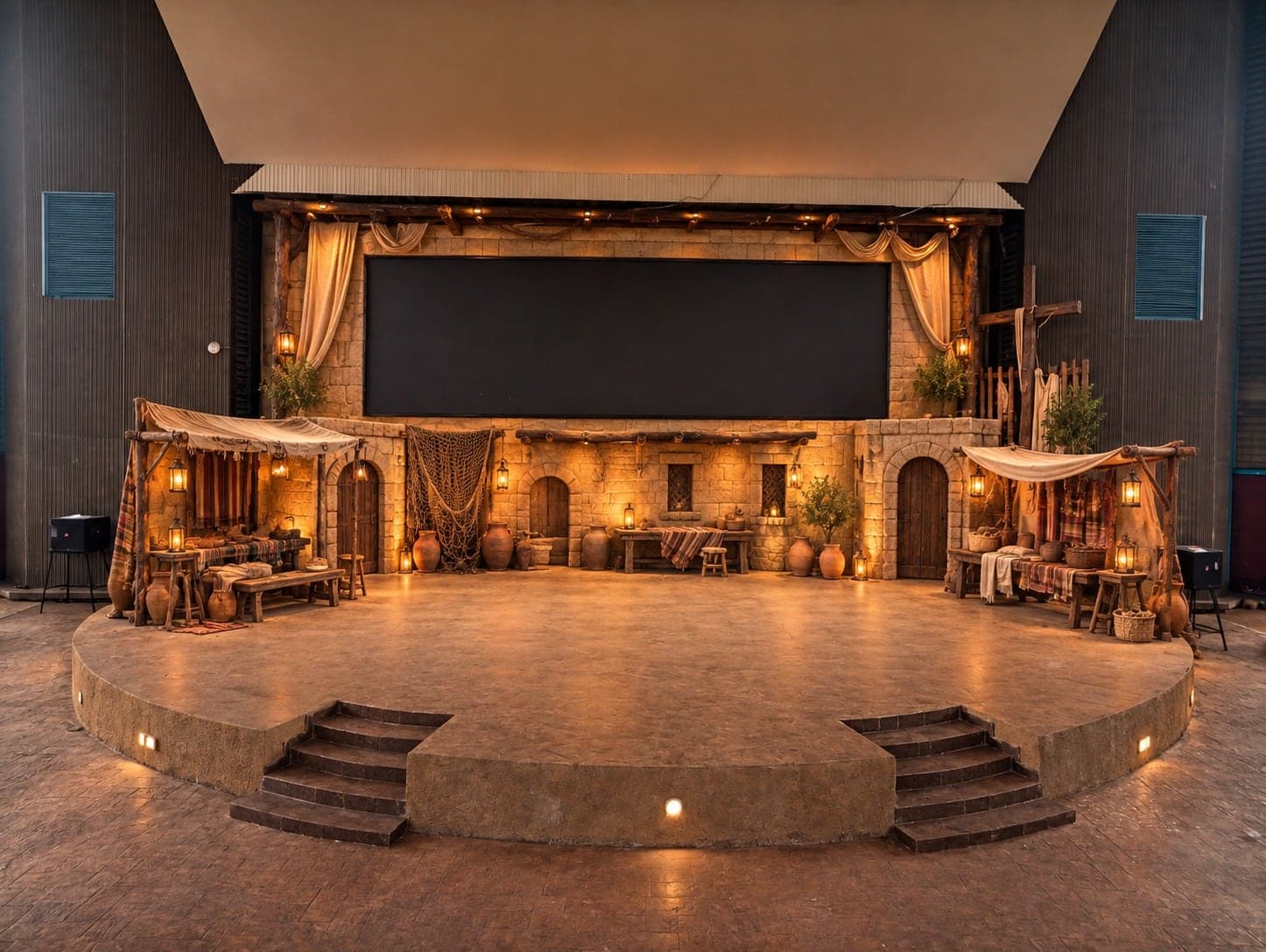 The MOSHIA stage: stone walls, arched doors, market stalls and lanterns glowing across the amphitheatre